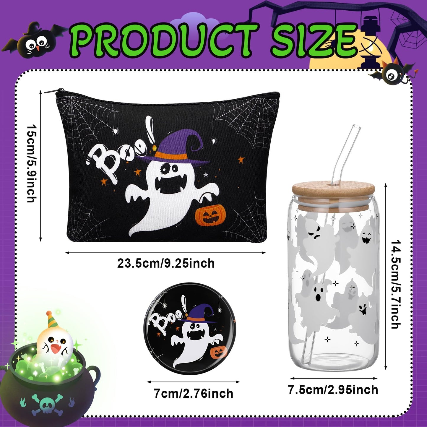 Kacctyen 5 Pcs Boo Basket Gift for Women Spooky Ghost Gift 16 oz Ghost Glass Cups with Lid Straw Spooky Cosmetic Makeup Bag Pocket Mirror Sock Boo Basket Stuffers for Her Sister Friend