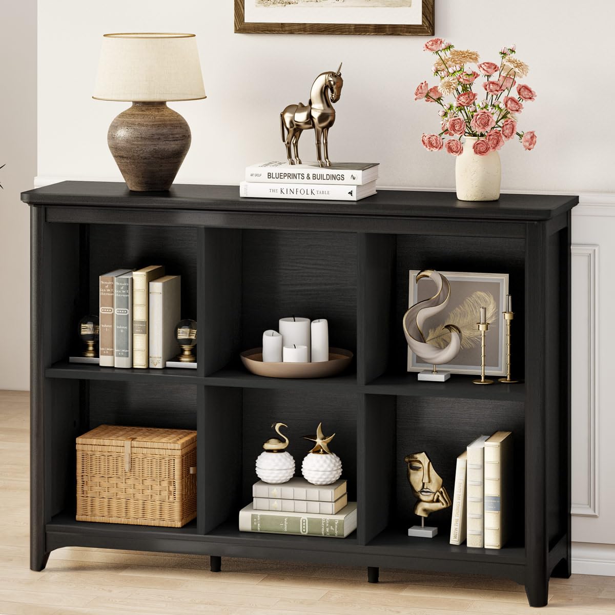 BON AUGURE 6 Cube Storage Organizer Bookcase, Horizontal Bookshelf with Curved Edge, Floor Standing Low Wooden Book Shelf for Living Room, Office -Black Oak, 43"