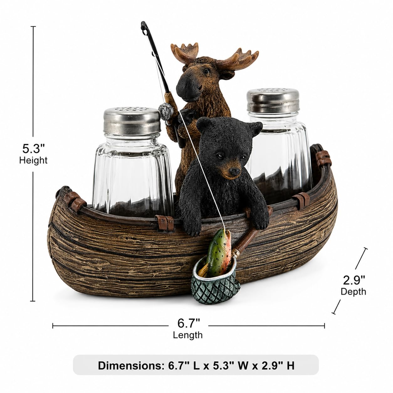 Comfy Hour 6.7" Moose and Bear Fishing in Canoe Salt and Pepper Shaker Duo (Empty Bottle Set Included), Decorative Rustic Lodge Cabin Style Figurine Holder, 1 Unit
