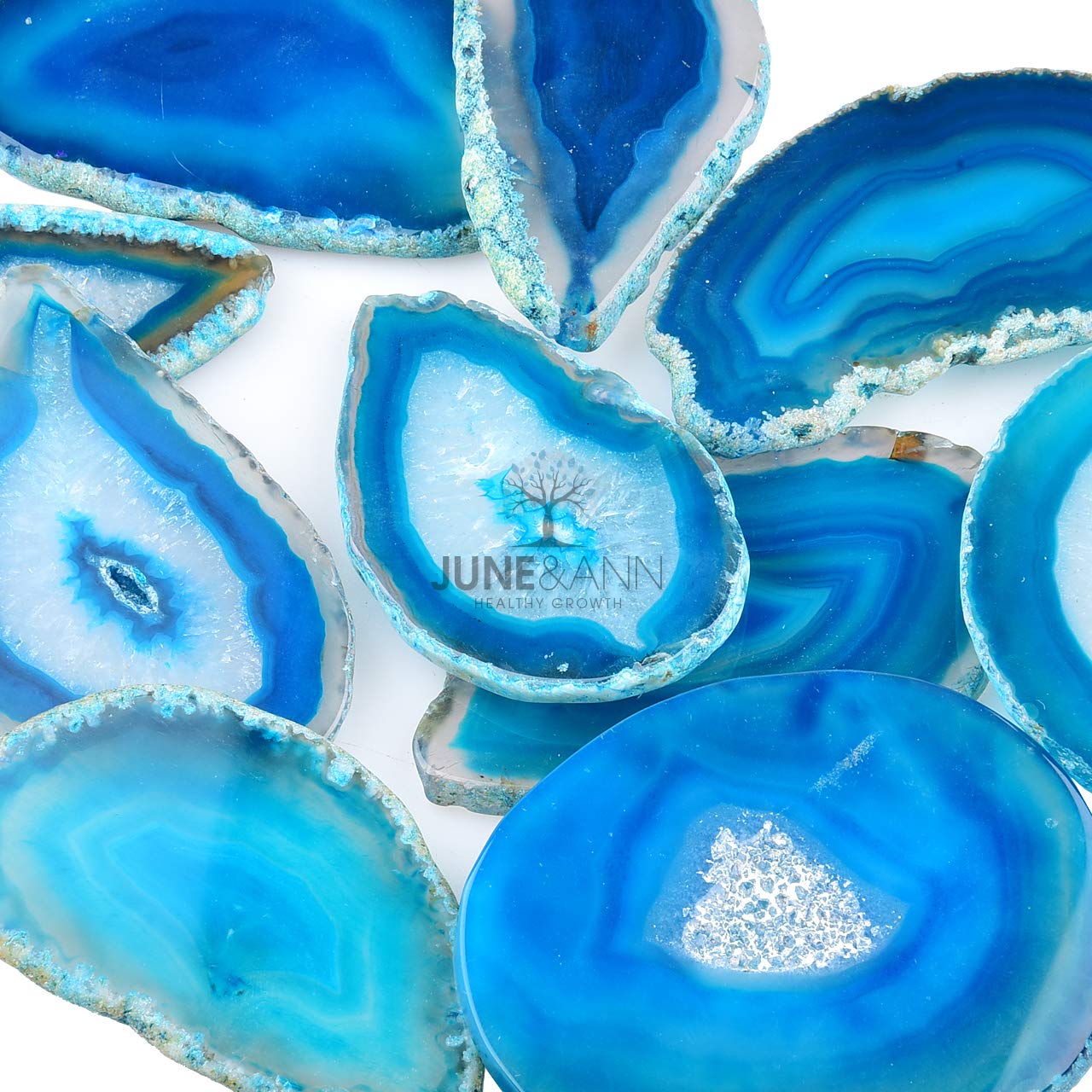 June&Ann Blue Agate Light Table Slices, 10 Pcs Irregular Polished Agate Slab Cards Healing Crystals Geode Stones for Home Decoration & Jewelry Making