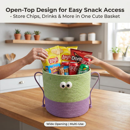 CTESNE Cotton Rope Storage Basket with Lid & Handles, Cute Monster Decor Basket for Nursery, Toys, Diapers, Baby Shower & Easter Gift, 9.8" x 9.8" (Green & Purple)