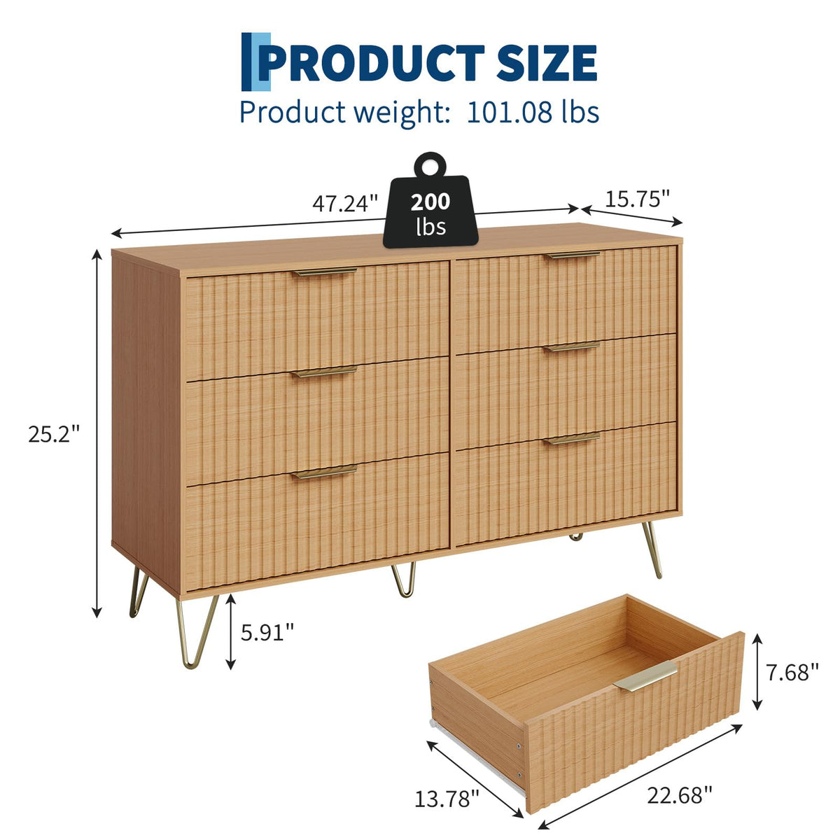 Garvee Fluted Dresser for Bedroom with 6 Drawers,47" Wide Modern Chest of Wooden Bedroom Chest with Metal Handle,Clothes Storage Organizer,Closet Dresser & TV Stand for Living Room,Hallway,6&Natural
