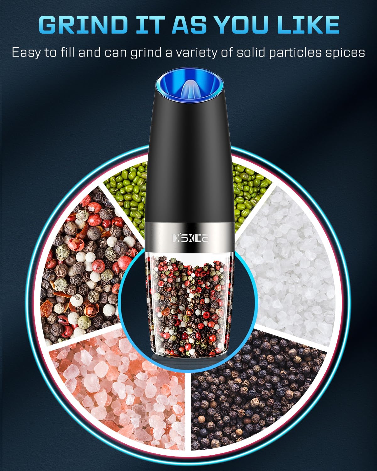 XinXu Gravity Electric Pepper and Salt Grinder Set, Adjustable Coarseness, Battery Powered with LED Light, One Hand Automatic Operation
