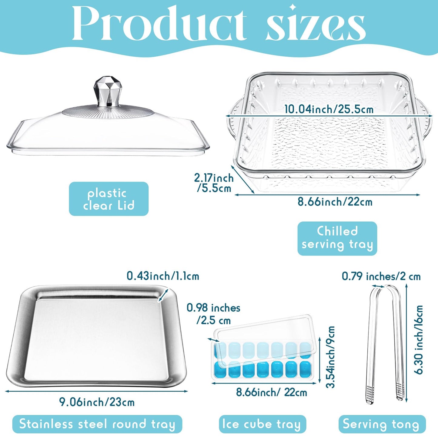 Baderke 1 Set 9" Chilled Serving Tray for Parties with Compartments Ice Chilled Party Platter with Lid Tableware Charcuterie Serving Board for Fresh Food Fruit Seafood Vegetable Appetizer(Silver)