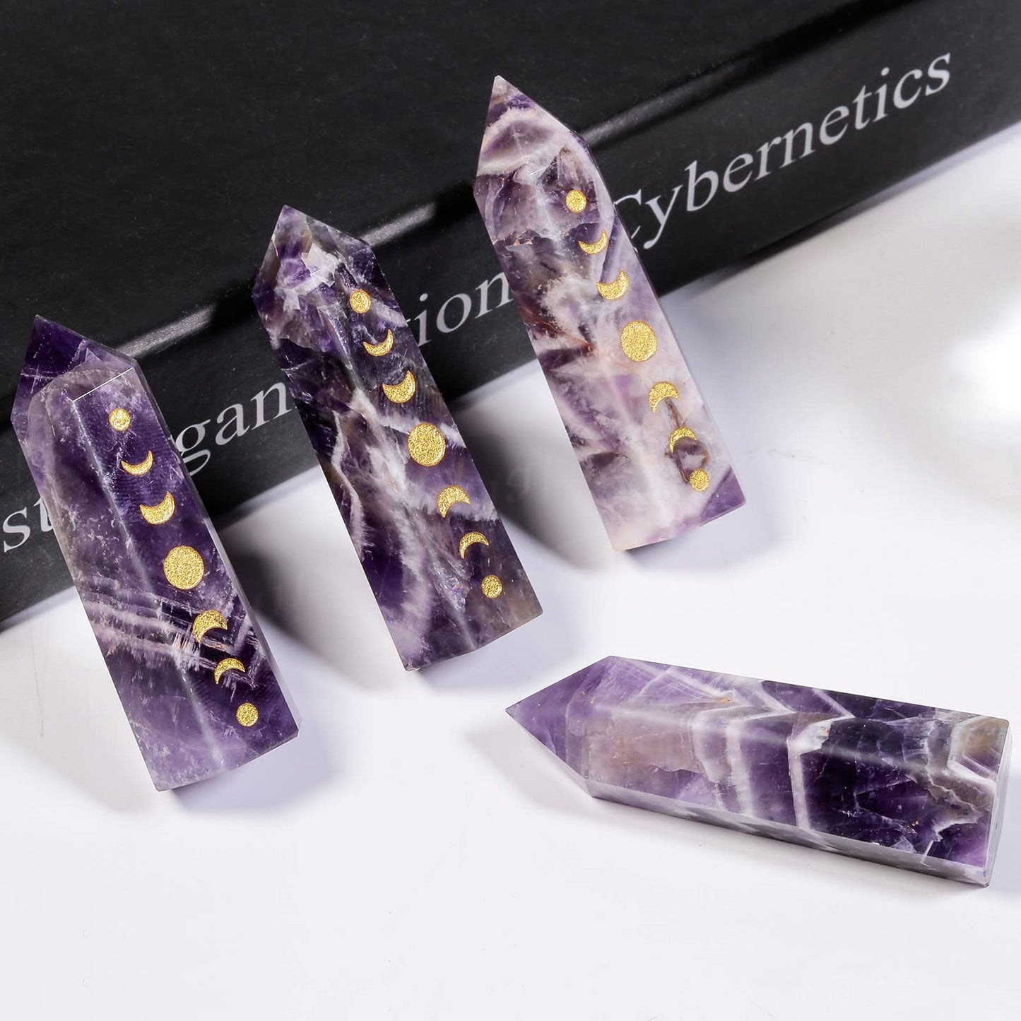 Rockcloud Moon Phase Engraved Crystal Point, Lunar Eclipse Hexagonal Wand Pocket Stone for Reiki Meditation Home Decoration, Amethyst