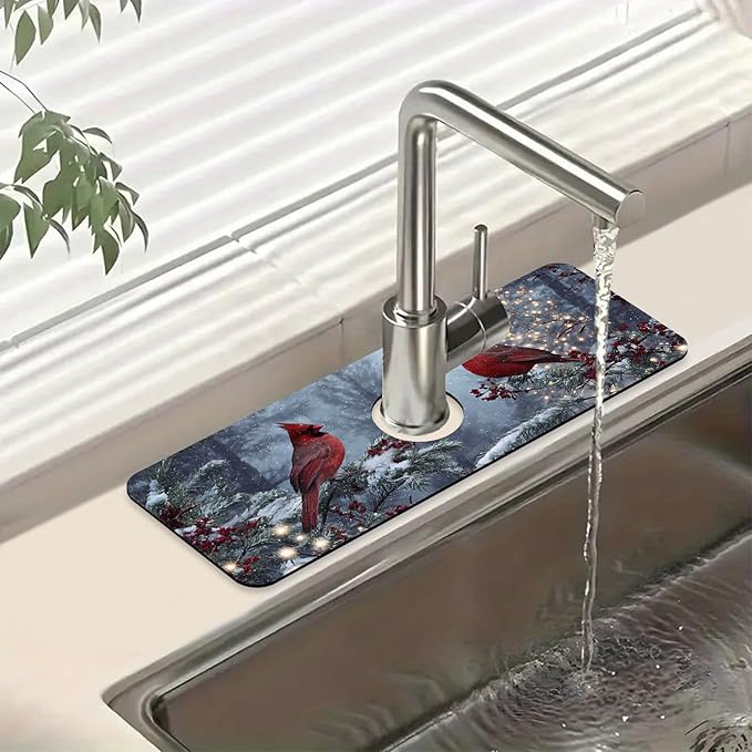 Winter Sink Splash Guard Faucet Mat Cardinal Christmas Super Absorbent Fast