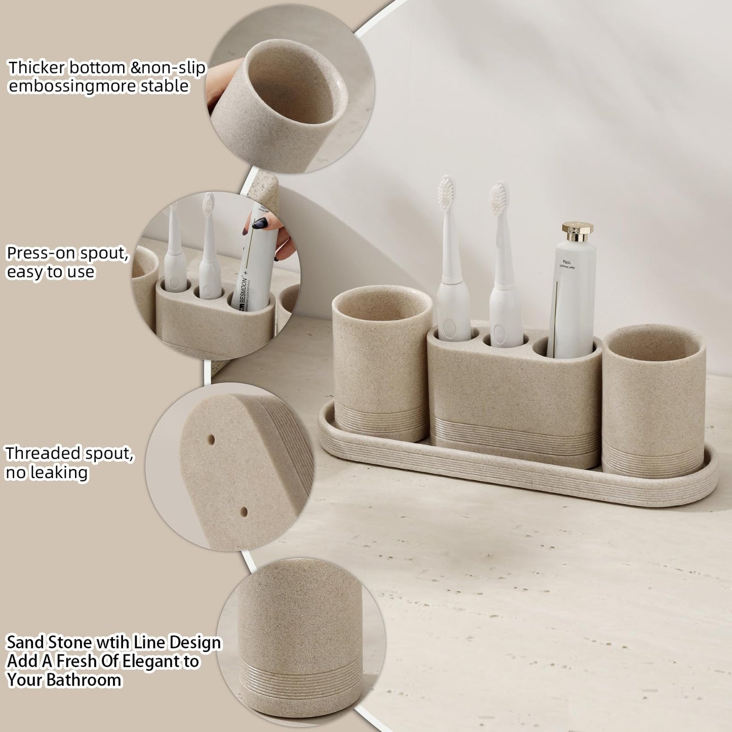 WUUAHOME Bathroom Accessories Set, 4 pcs Toothbrush Holders Set Included 3 Slots Electric Toothbrush and Toothpaste Holder Stand, 2 Tumblers & Tray for Bathroom Countertop Sink Modern Decor (Beige)