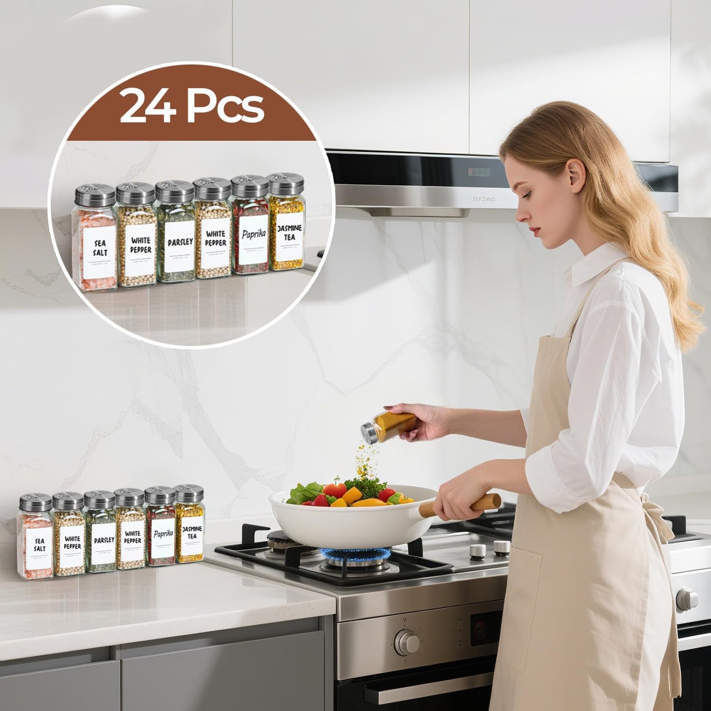 ComSaf Aesthetic Minimalist Spice Jars Set with Adjustable Shaker Lids, 4oz 24PCS Glass Spice Containers with 45 Labels, Square Condiment Jars for Kitchen Organization, Salt and Pepper Seasoning Set