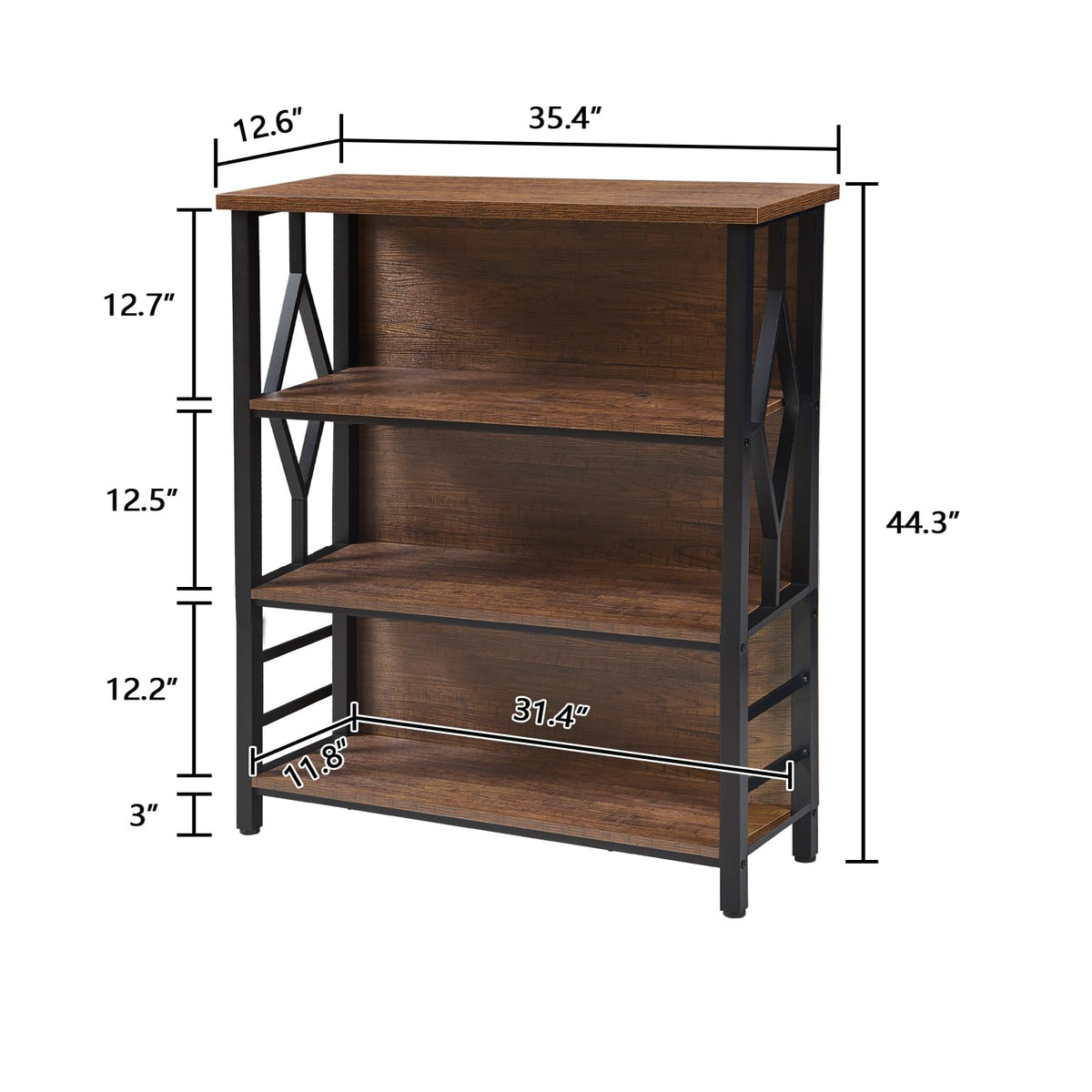 HOMISSUE Bookshelf, 4-Tier Rustic Short Bookshelf, Industrial Shelf Bookcase with Engineered Wood Shelves, Low Bookcase with Storage, Small Shelf for Living Room, Bedroom and Office, Rustic Brown