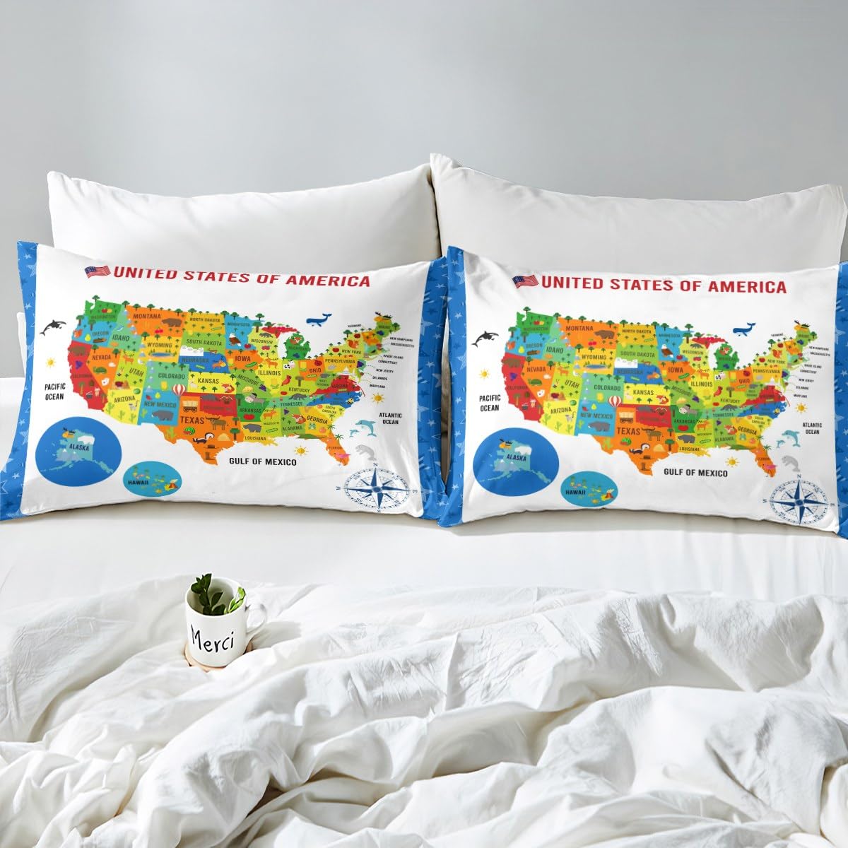 US Geography Bedding Set Twin Size, Geography USA Map Bed Sheet Set for Kids Boys Girls Teens Learning Educational Fitted Sheet Educational Map Bed Cover 2Pcs (No TOP Sheet)