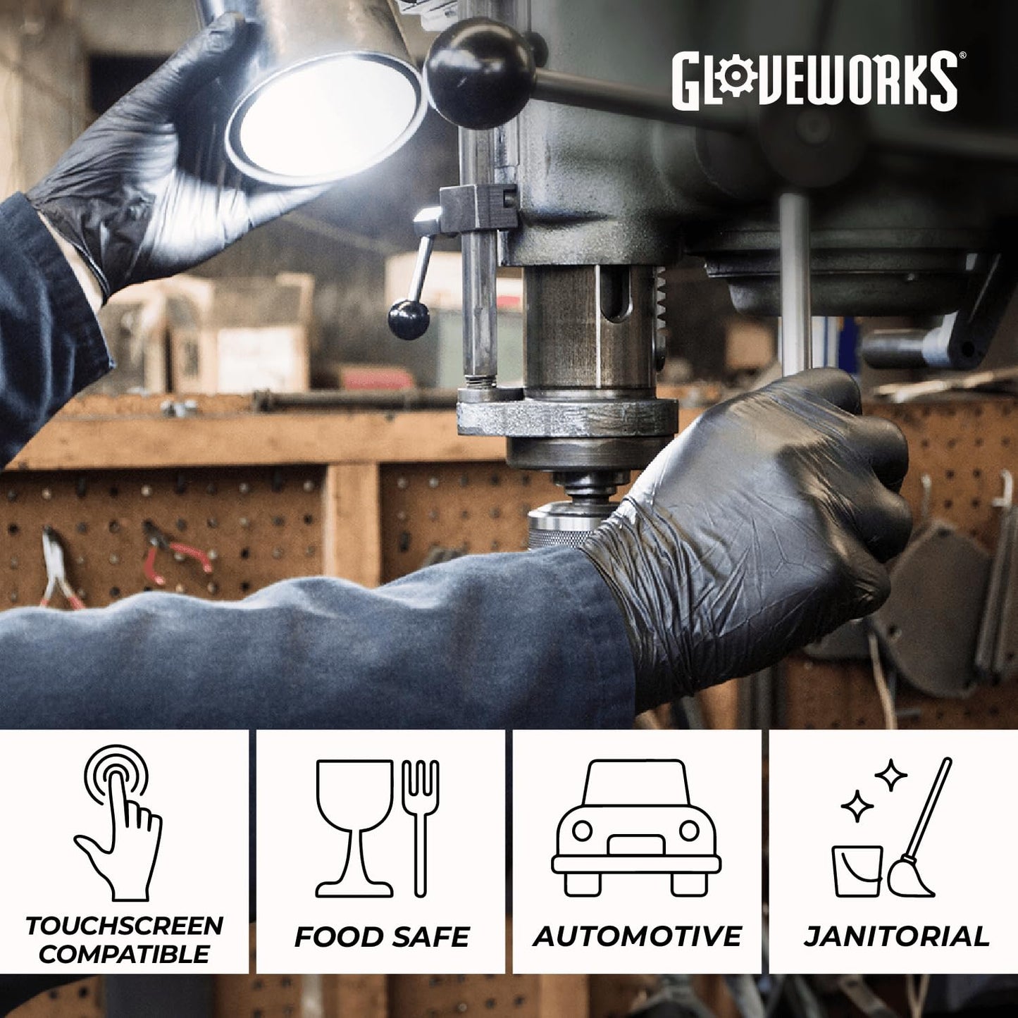 GLOVEWORKS Black Disposable Nitrile Industrial Gloves, 5 Mil, Latex & Powder-Free, Food-Safe, Textured, X-Large, Box of 100