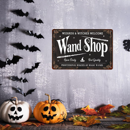 Wand Shop Wizards & Witches Welcome Halloween Metal Tin Sign Wall Art for Farmhouse Home Cafes Haunted House Halloween Holiday Party Decor 8x12 Inch
