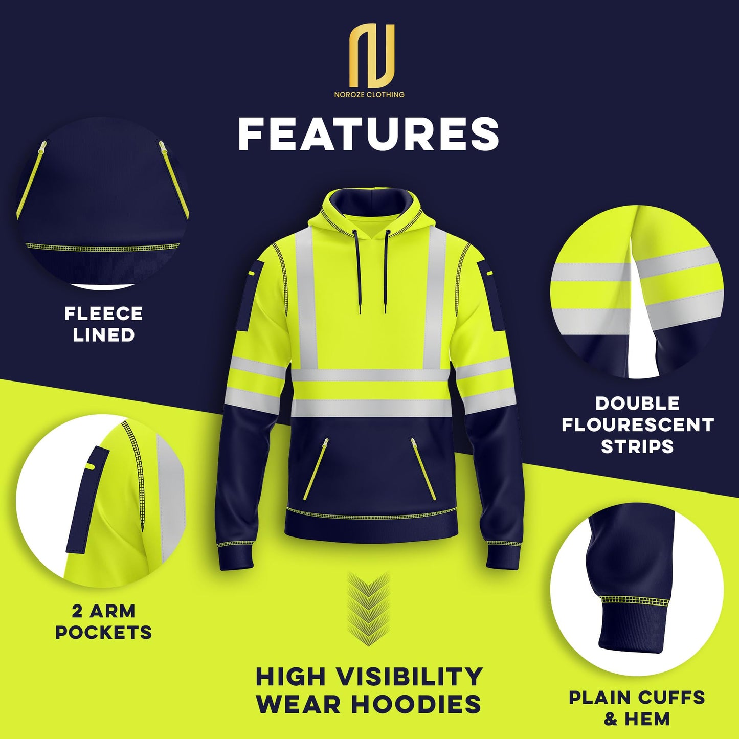NOROZE Mens Hi Vis Hoodie with Reflective Tape, Pullover High Vis Hoodie for Safety Workwear– 4 Utility Zipped Pockets, Work Hoodies for Men, High Visibility Hooded (M, Style 1: Neon Green/Navy)