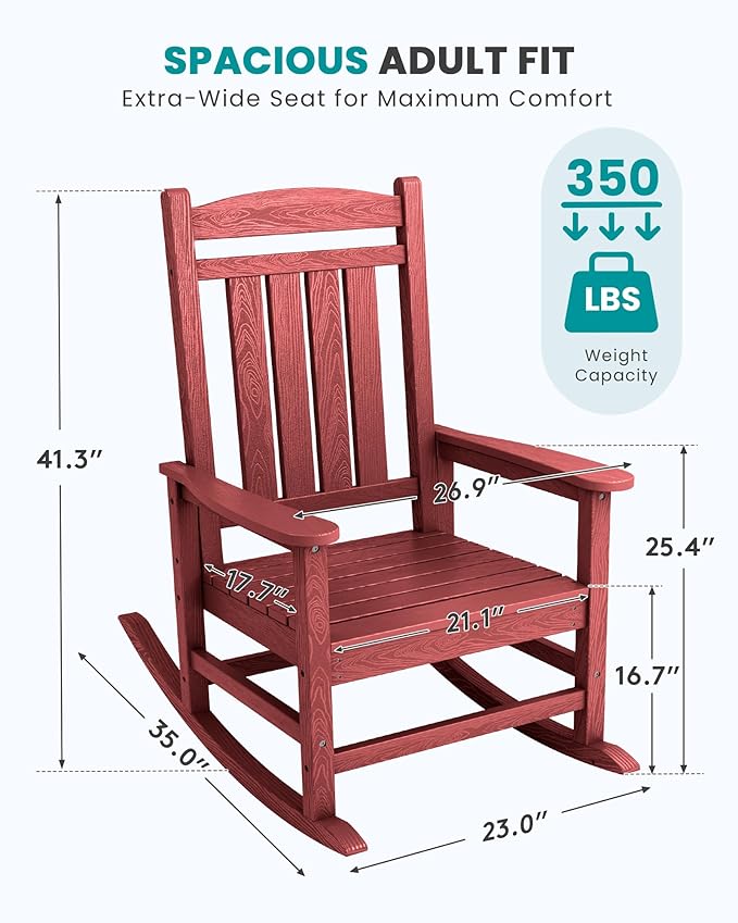 SERWALL Patio Rocking Chairs Set of 2, HDPE Outdoor Rockers for Adults, Oversized All-Weather Porch Rocking Chairs, Red
