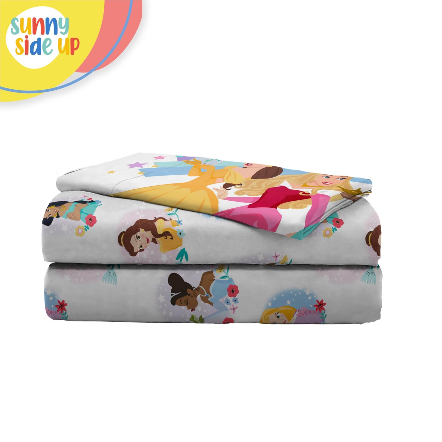 Sunny Side Up Disney Princess Twin Sheet Set - 3 Piece Kids Bedding Set Includes Pillow Cover – Super Soft Rainbow Microfiber Sheets Features Moana, Belle & Rapunzel