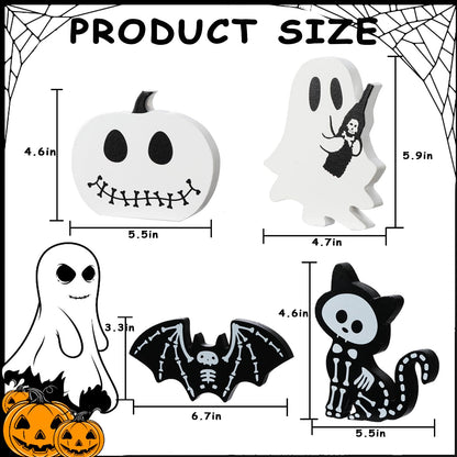 4PCS Halloween Decorations Indoor, Halloween Tiered Tray Decor Table Sign, Halloween Wooden Signs Ghost Bat Pumpkin Cat Blocks Signs, Table Decor Halloween Party Decorations for Mantle Home Shelf
