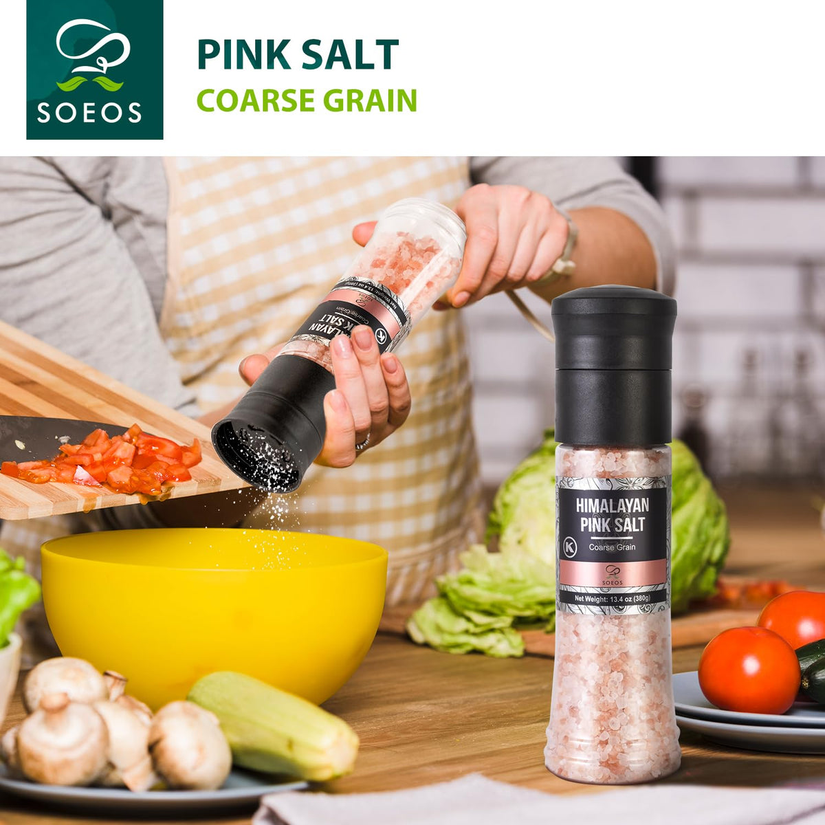 Soeos Salt Grinder Set, Himalayan Pink Salt, Coarse Grain, Salt for Grinder Refill, 13.4 Oz (380g), Refillable Plastic Bottle, Rock Salt, Kosher Salt Set (Pack of 1)