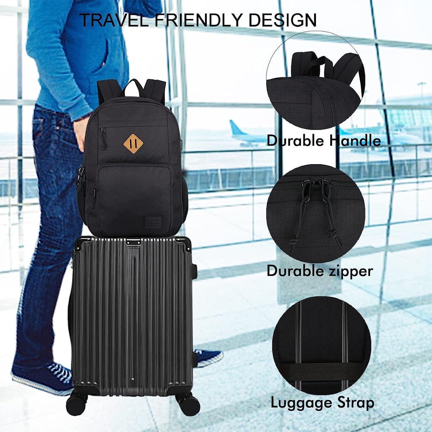 KEOFID Classic Travel backpack for Men and Women, Anti theft Laptop backpack with USB Charging Port for College, Business(Black)