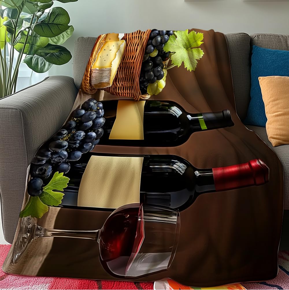 HUNXIAOJ Wine Throw Blanket Grape Wine Decor Grape Throw Blanket Country Bedding Warm Soft Flannel for Bed Sofa Couch (49in x 59in)