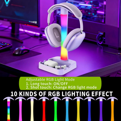 Tascaquin Headphone Stand with Charger,Gaming Headset stand with RGB Light Mode,For Airpod Max Stand,Desk Lamp,Phone Holder,Tablet Holder,desktop organizer,Gifts for Gamers & Music Lover (Purple)
