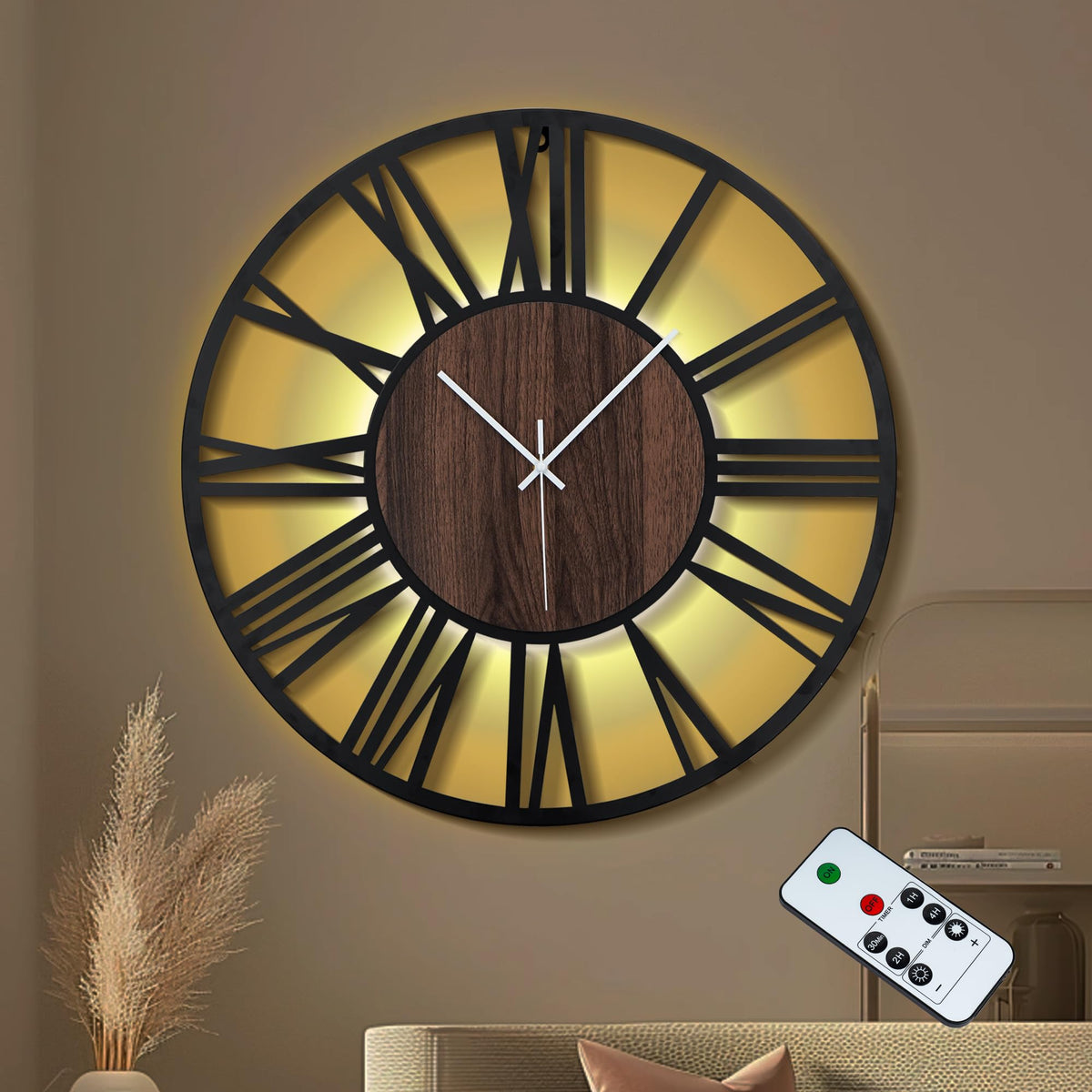 Jassurance Large Lighted Wood Wall Clock Remote Control, Roman Numeral Modern Decorative Clock with Silent Movement, Battery Operated Clocks for Living Room Decor
