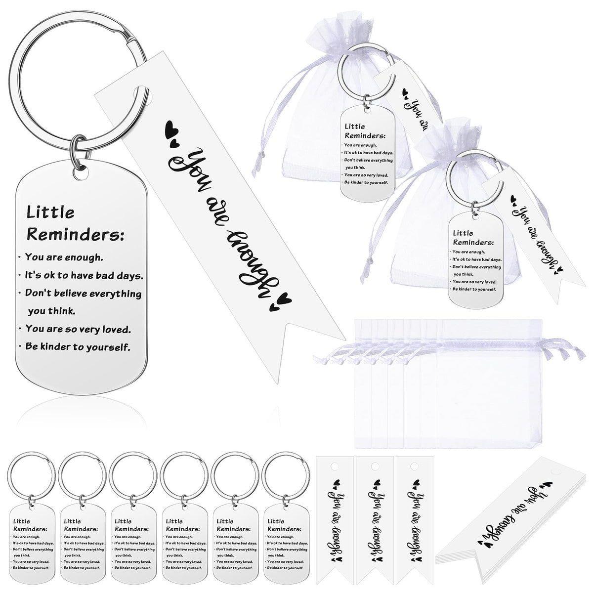 Sureio 6 Set Little Reminder Keychain Mental Health Gift You Are Enough Key Inspiration Uplifting Quotes Organza Bag and Card(White)