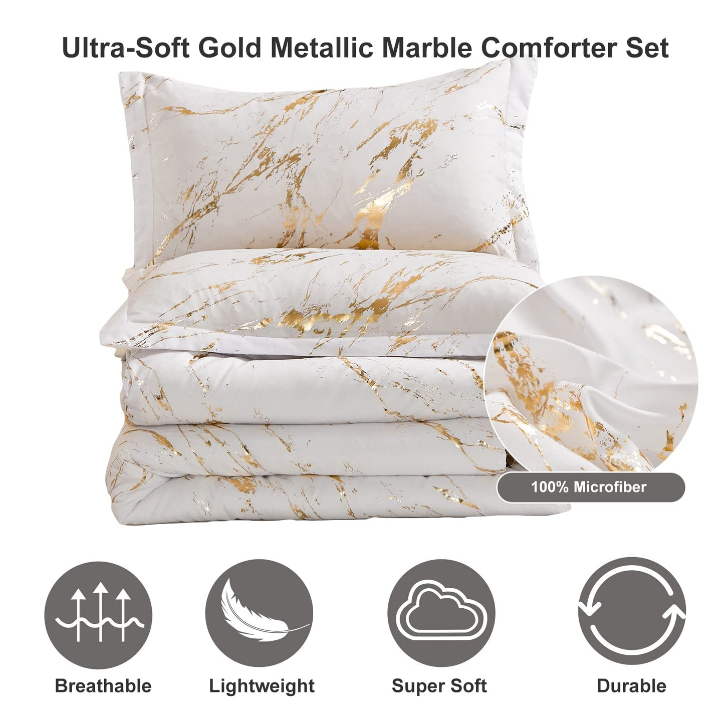 WONGS BEDDING White Gold Metallic Marble Comforter Set Queen Foil Print Glitter Bedding Sets with 2 Pillowcases for All Seasons, Soft Microfiber Filling Bedding Duvet Set 90"x90"