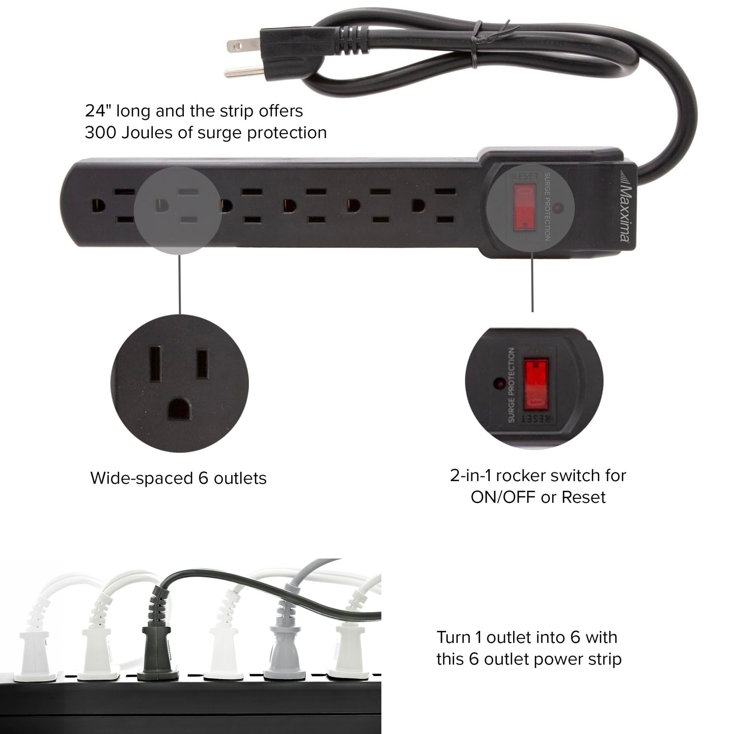 Maxxima 4-Pack 6 Outlet Power Strip Surge Protector - 300 Joules, Features Red On/Off Switch, Powers Multiple Electronics and Devices Simultaneously, Perfect for Home Appliances - Black
