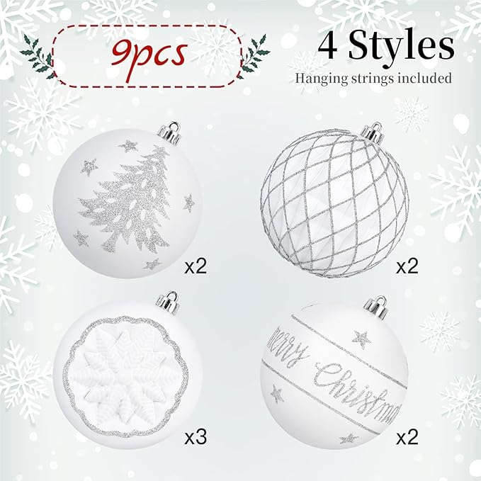 SHareconn 100MM/4 Inch 9PCS Large Christmas Balls Ornaments, Shatterproof Plastic Hanging Big Baubles Set for Xmas Tree Decoration Holiday Party Wedding Decorations with Hook, White and Silver