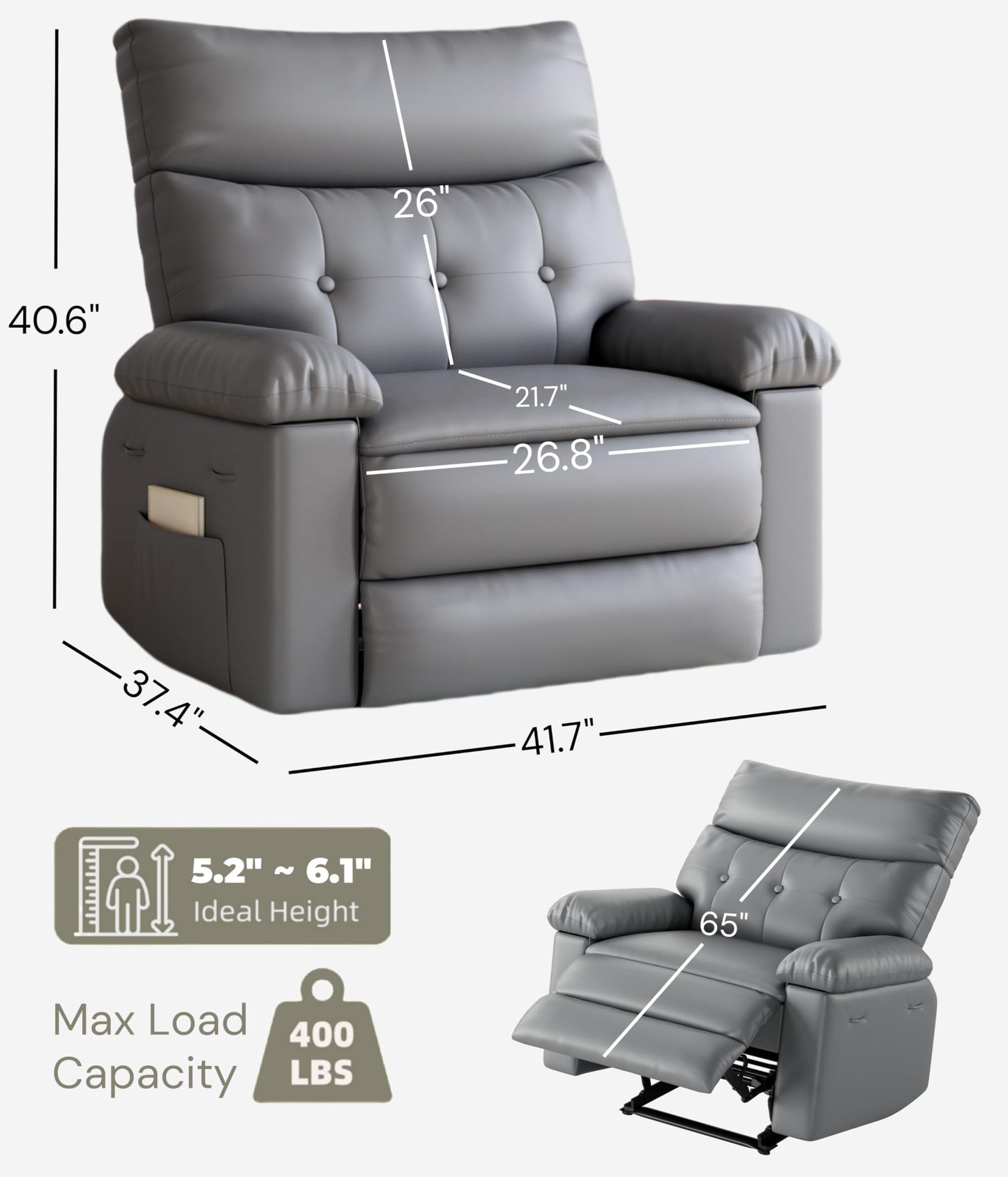 Garvee Oversized Wide Recliner Chair - Heat and Massage, PU Leather Extra Wide Manual Recliner for Adults, Large Lazy Chair with 1.5X Sponge Comfort Arm and Back for Living Room, Bedroom