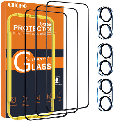 QHOHQ for iPhone 16 Pro Screen Protector with Camera Lens Protector, [Military Grade Shatterproof], Top 9H+ Tempered Glass, Full Edge Coverage, Ultra Durable, with Easy Installation Tool [3+3 Pack]