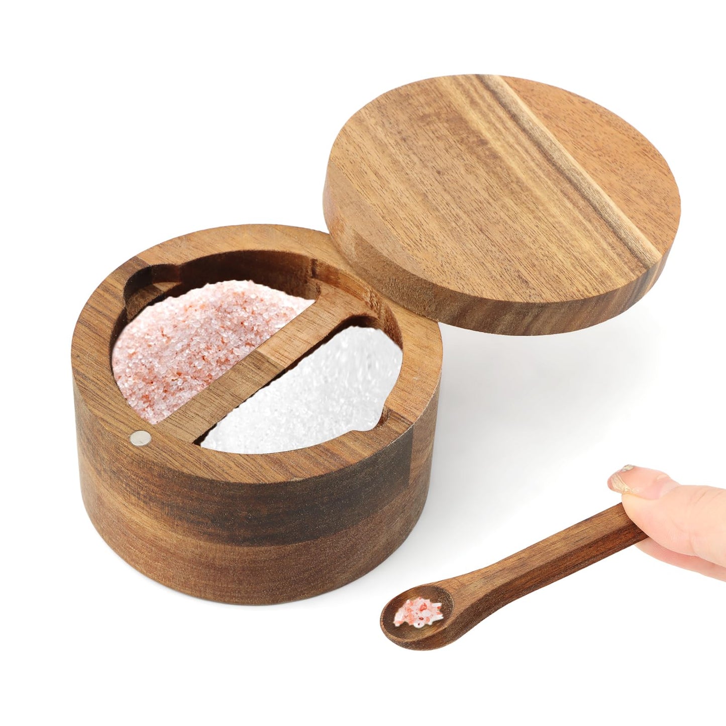 Saycker Wood Salt and Pepper Bowl, with Swivel Lid and Spoon Round Salt Container Spices Storage Box(4.06inchs)