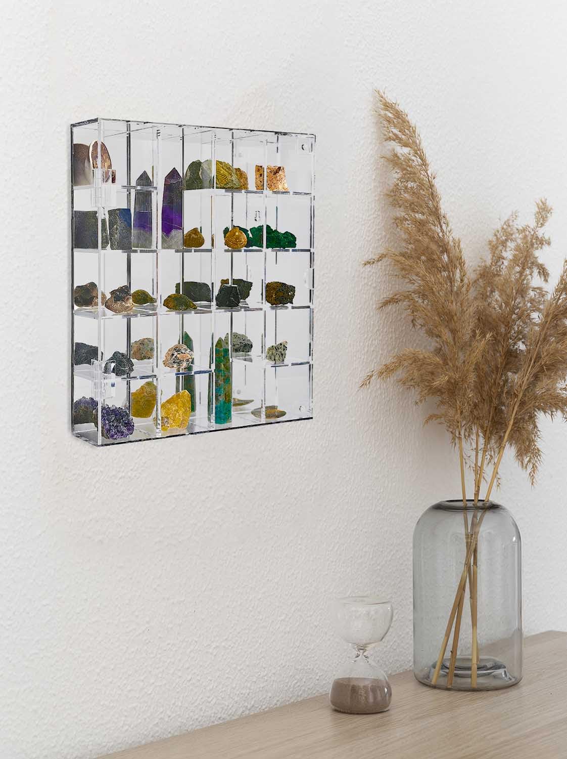Acrylic Display Case Adjustable Clear Rock Display Case Shadow Box with Shelves Storage Organizer for Mini Pop Figure, Collectibles, Mineral Crystal, Stones, Wall Mountable, with Mirrored & Lid