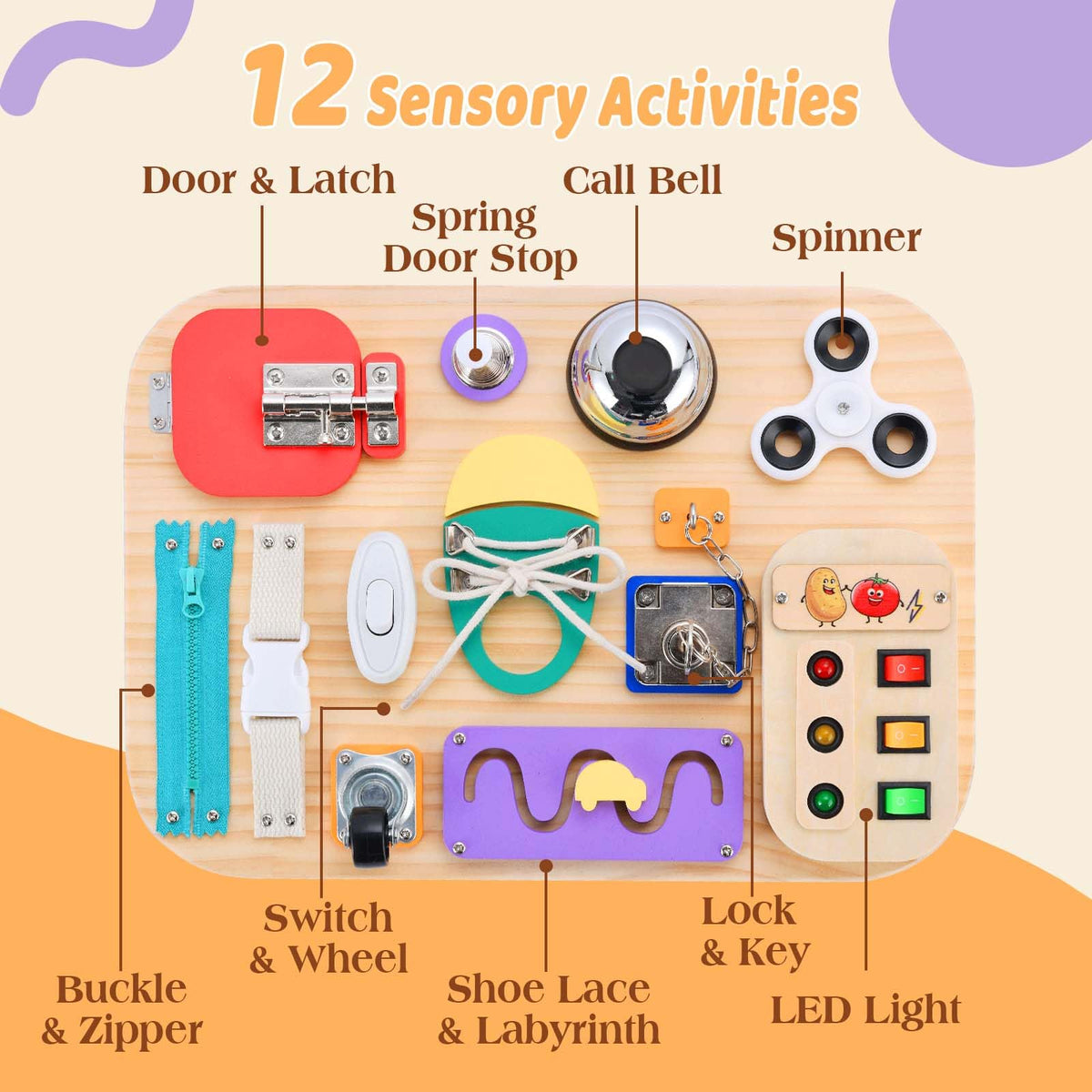 Potatomato Montessori Busy Board - Wooden Sensory Toys for Toddlers -Activity Board Toys for Fine Motor Skills - Educational Fidget Toys for Boy & Girl - Birthday Gifts for 3 4 Years