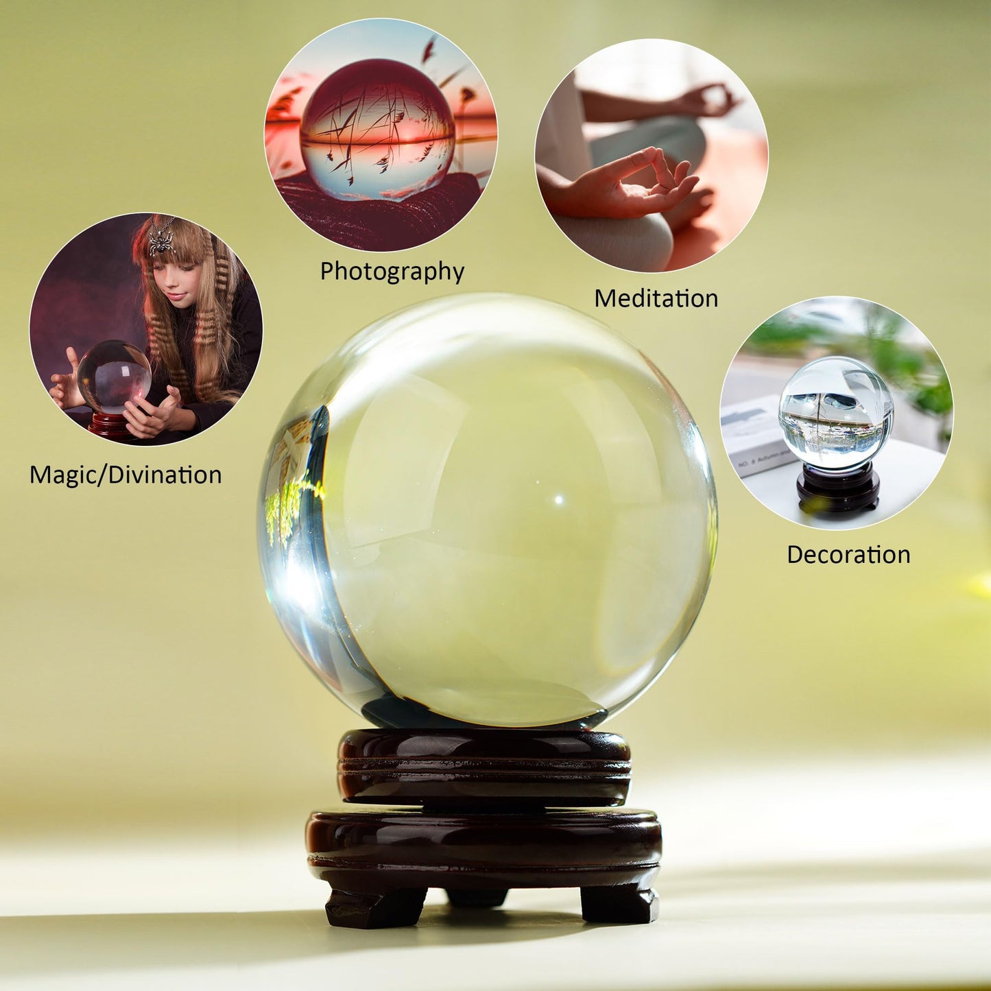 QFkris 150mm/6inch Clear Crystal Ball with Wooden Stand Fortune Teller Mystical Quartz Ball Photography Props FengShui Divination Spheres