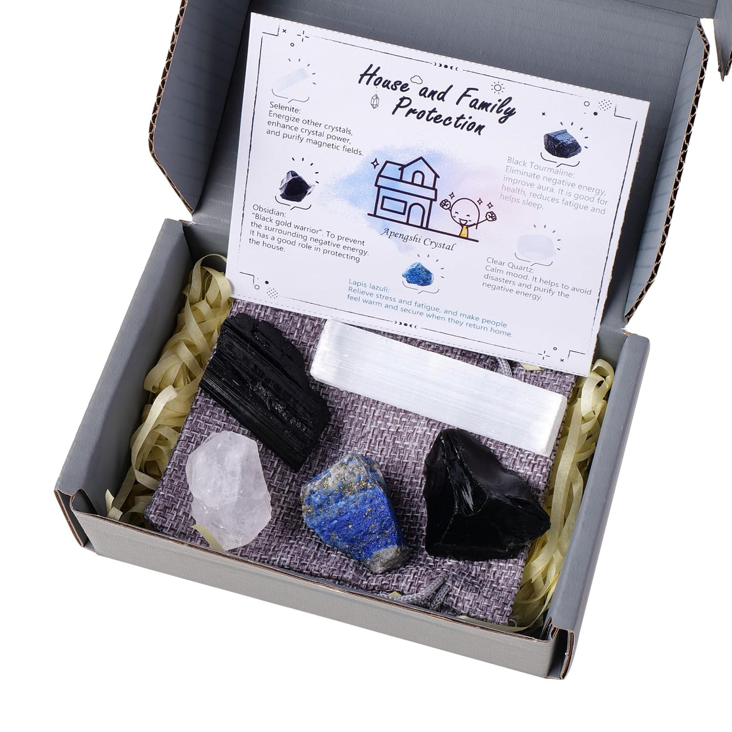 Apengshi Protection Crystal Stone Set for House and Family Protection Set of 5 Pieces Stone Black Tourmaline Clear Quartz Lapis Lazuli Obsidian and Selenite Healing Crystal Stones