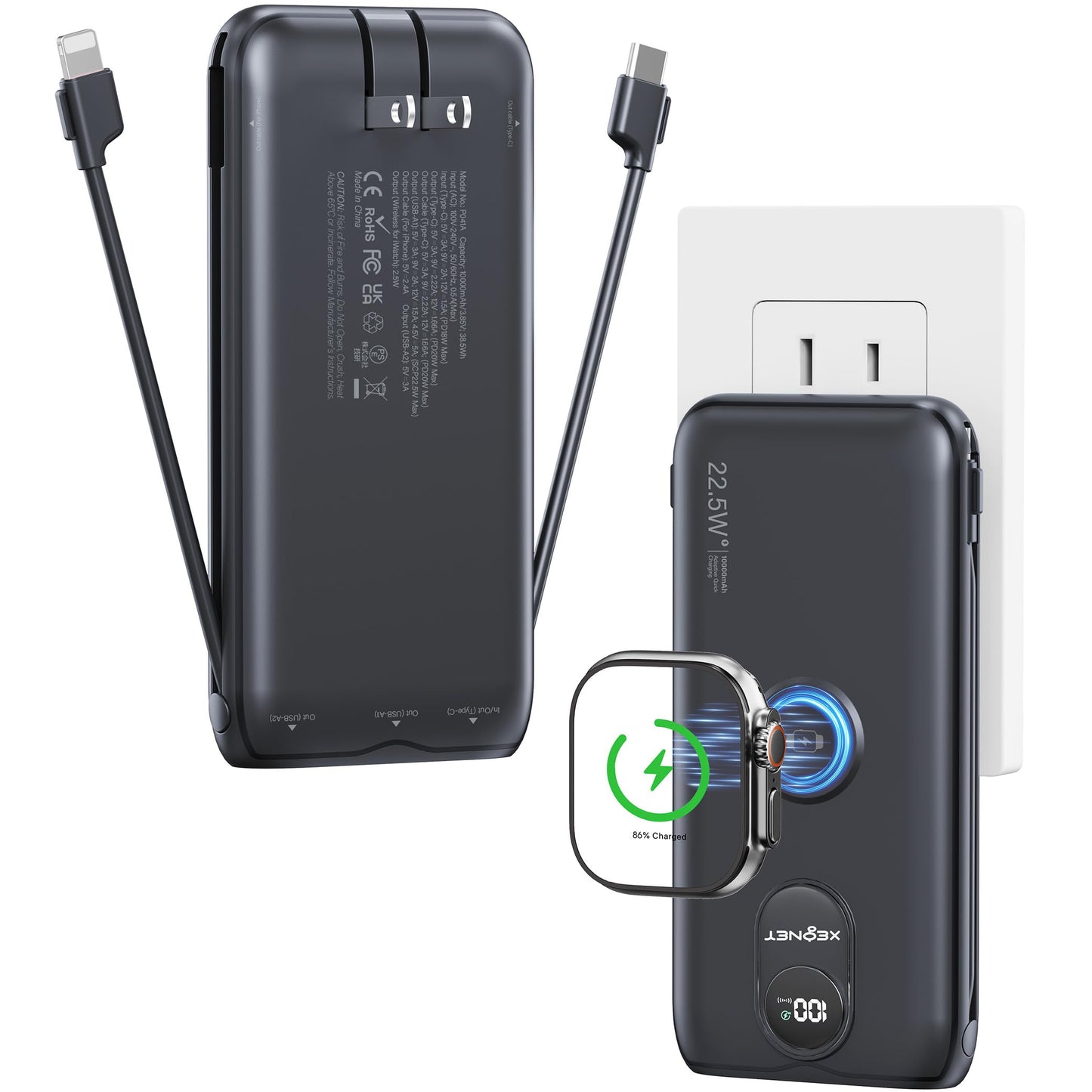 Portable Charger, 10000mAh 22.5W Power Bank Fast Charging with Built in Cable & Wall Plug, Portable Phone Charger with Led Display, Travel Essentials Battery Pack for iPhone 17/16, iWatch 11/Ultra/SE