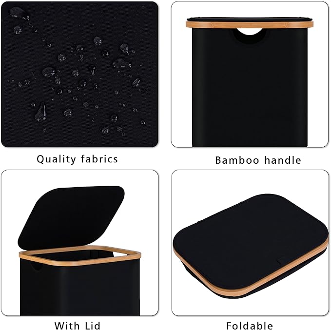 100L Laundry Hamper with Lid, Lagre Basket with Bamboo Handles, Foldable