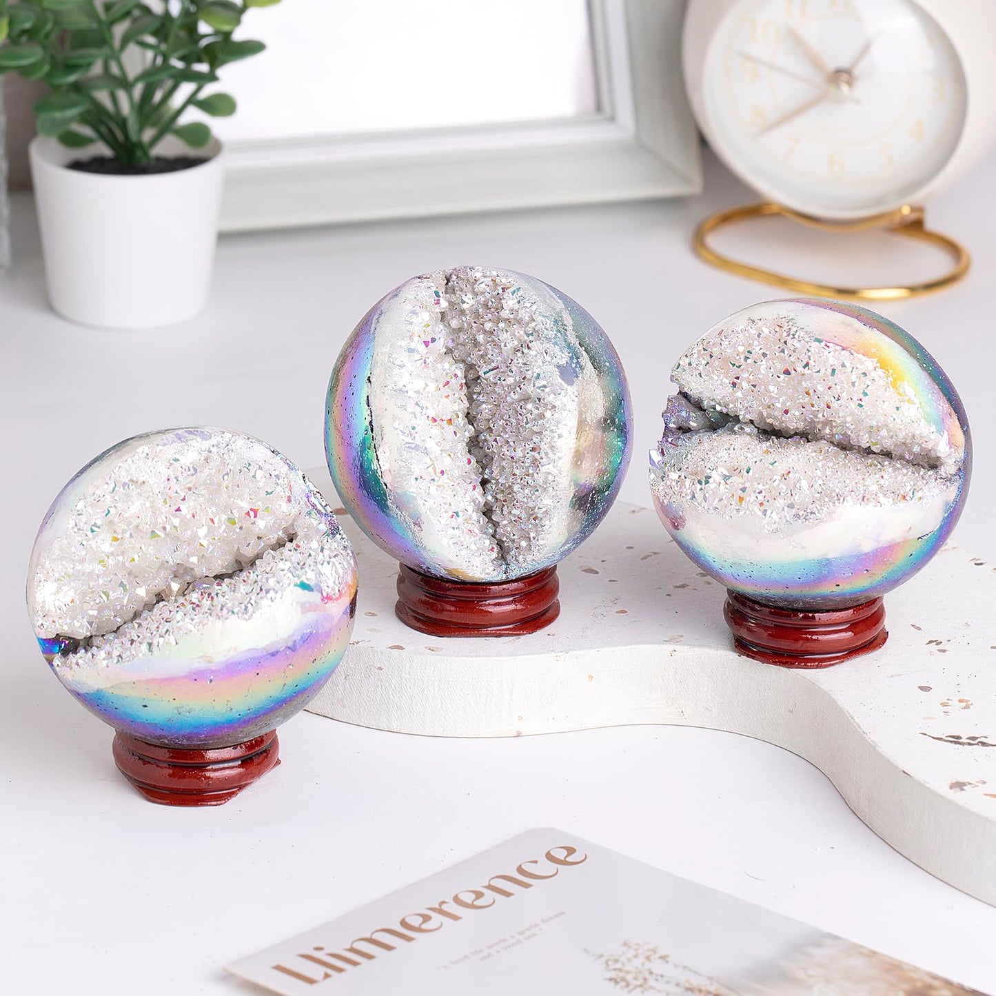 Sportmusies Titanium Coated Rock Crystal Geode Ball with Wooden Stand, Druzy Quartz Stone Cluster Sphere Reiki Home Office Decoration, Angel Aura