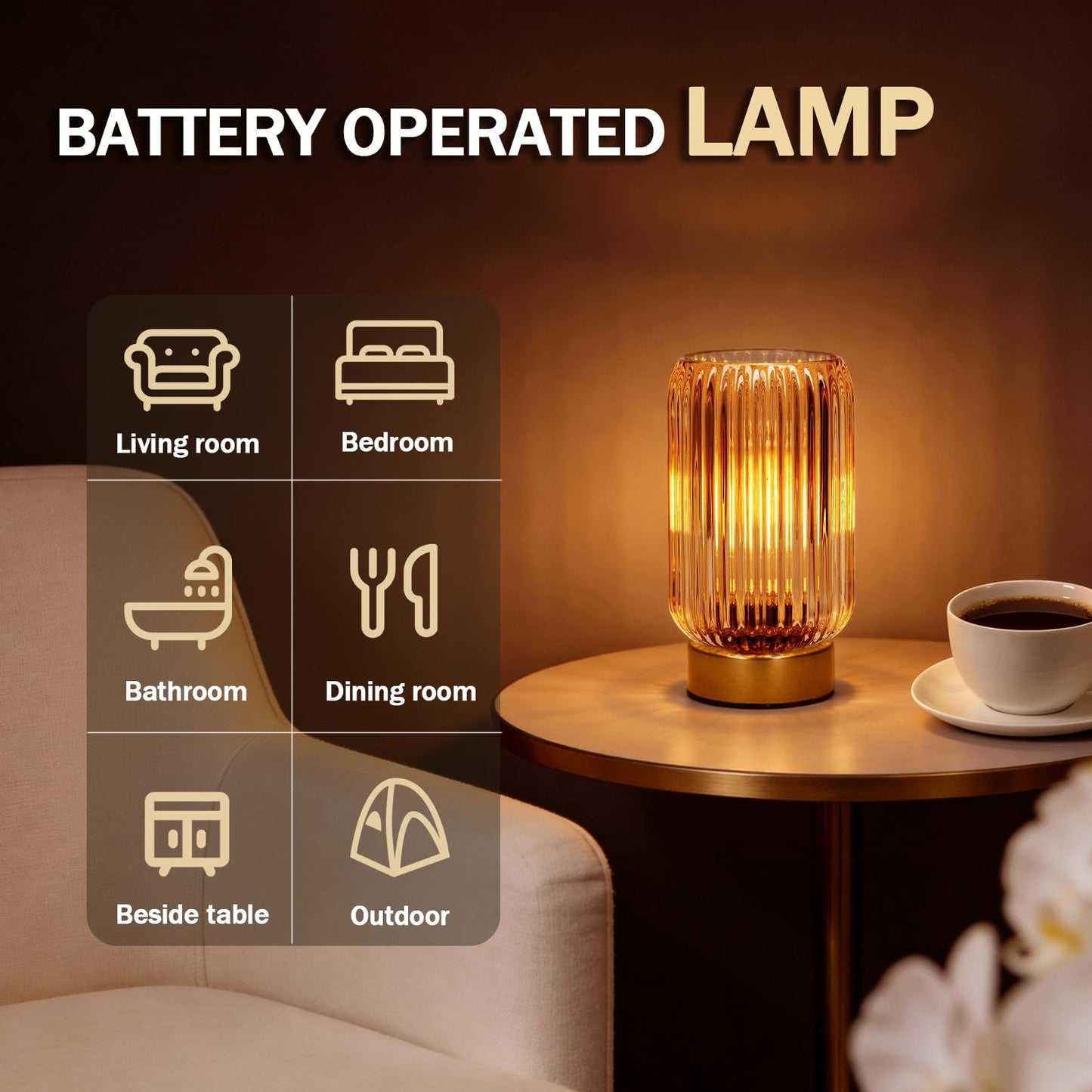 MJ PREMIER Cordless Lamp, Battery Operated Lamp with Timer, Yellow Glass Lampshade, Small Table Lamps for Area No Plug, Decorative Led Light for Bedroom Living Room Shelf (Yellow)