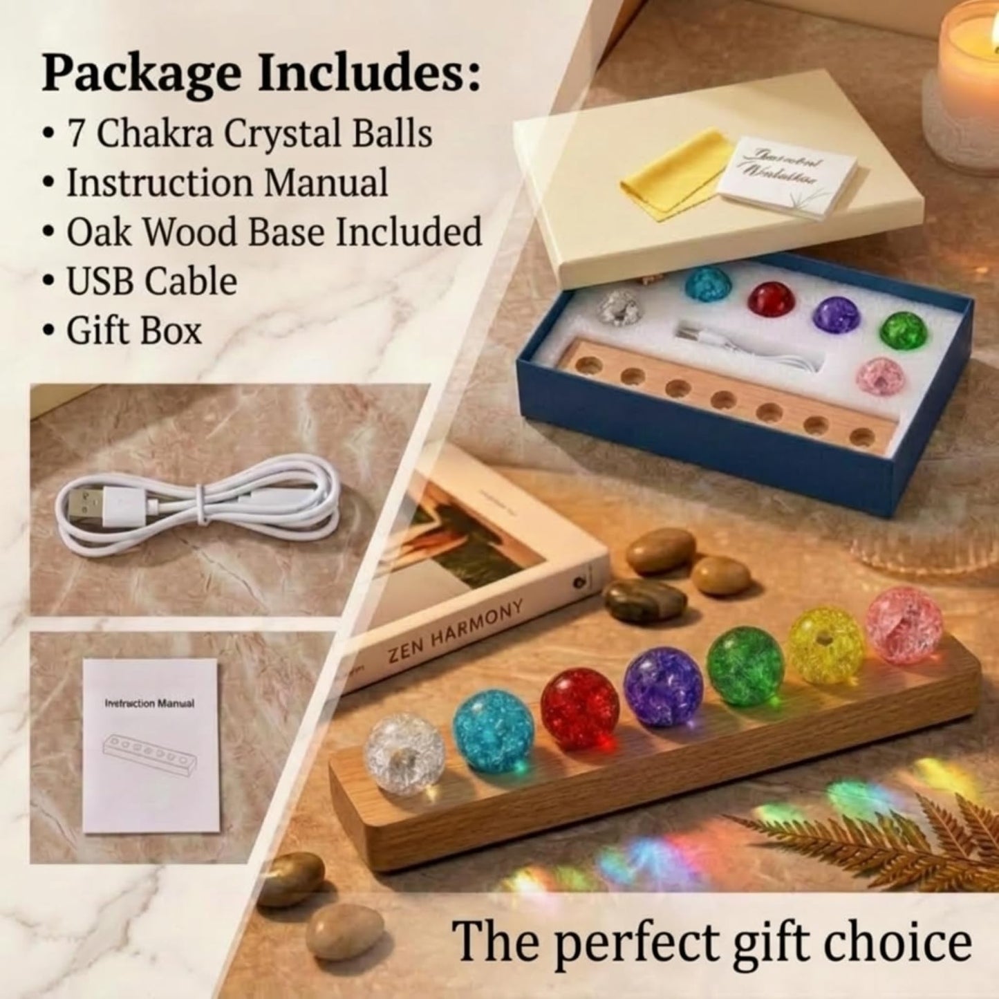 JINWU ClearPeak 7 Colors 40mm Ice Cracked Crystal Balls, Chakra Healing Sphere with LED Wooden Base, Glass Night Light for Home Living Room Meditation, Valentines Day (Set 7-Rainbow)