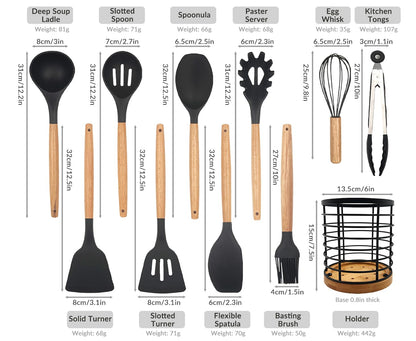 Daily Treasures 12PCS Kitchen Utensils Set,Cooking Utensils Set with Storage Holder,Kitchen Tools Made of Heat Resistant Food Grade Silicone and Wooden Handles for Nonstick Cookware