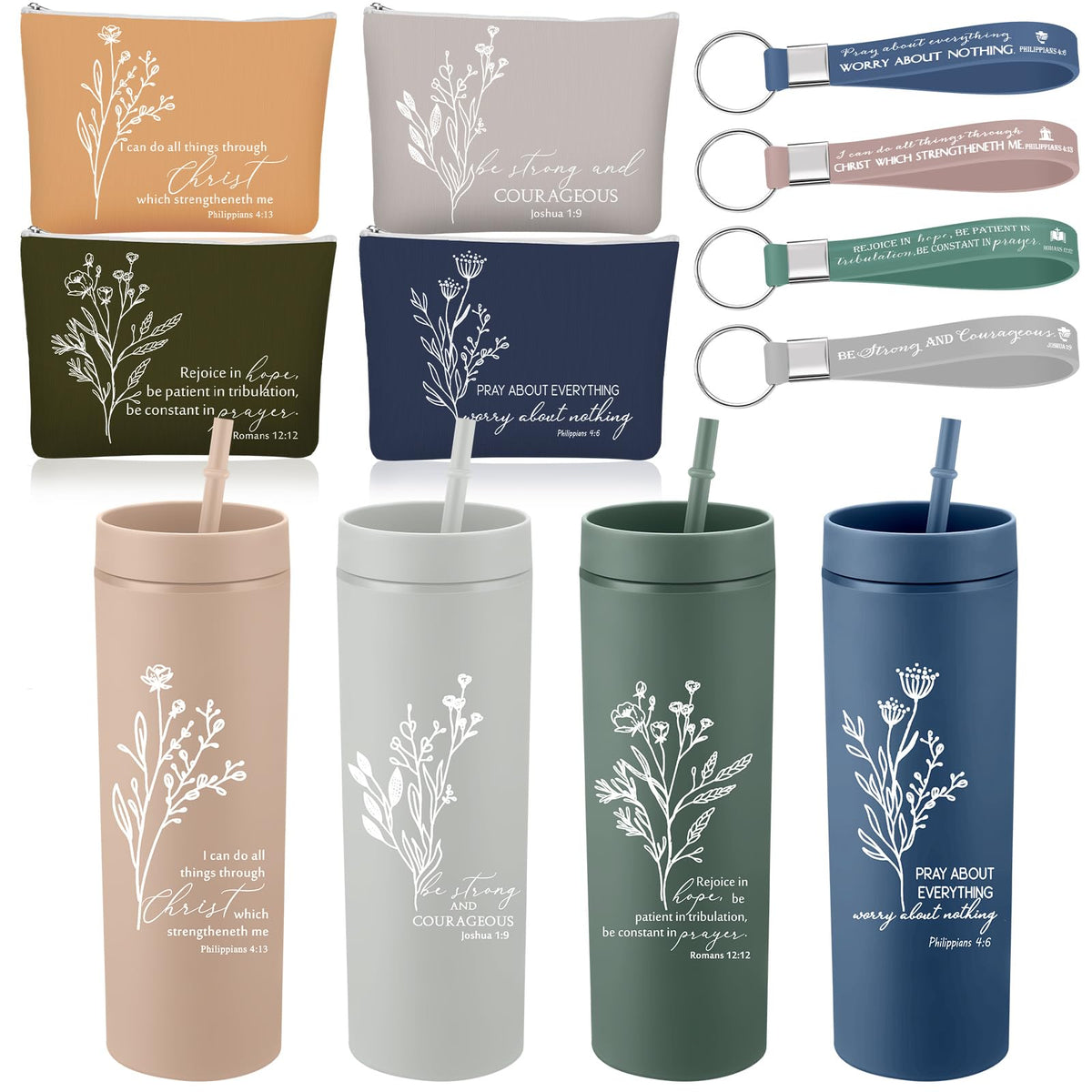 Fumete 4 Set Mothers Day Christian Gifts for Women 16oz Skinny Cup Religious Cosmetic Bag and Bible Verse Keychain Appreciation Church Gifts for Mom Grandma Teacher Dad(Classic Color,Floral)