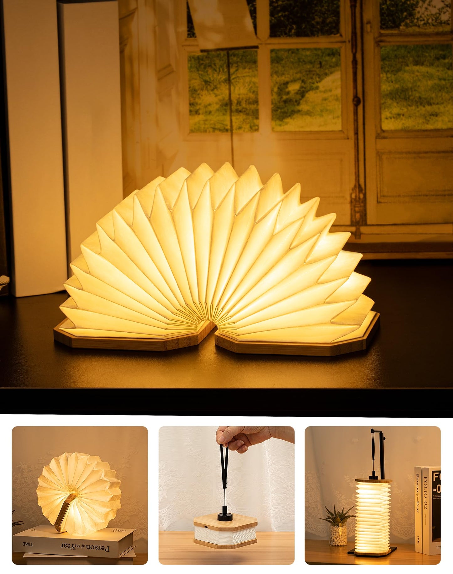 ZBOLE Originality Folding Accordion Lamp, Warm Light Lamp, Portable Desk Lamp, Japanese Gifts, Creative LED Paper Lantern with USB for Home Decoration(Bamboo)
