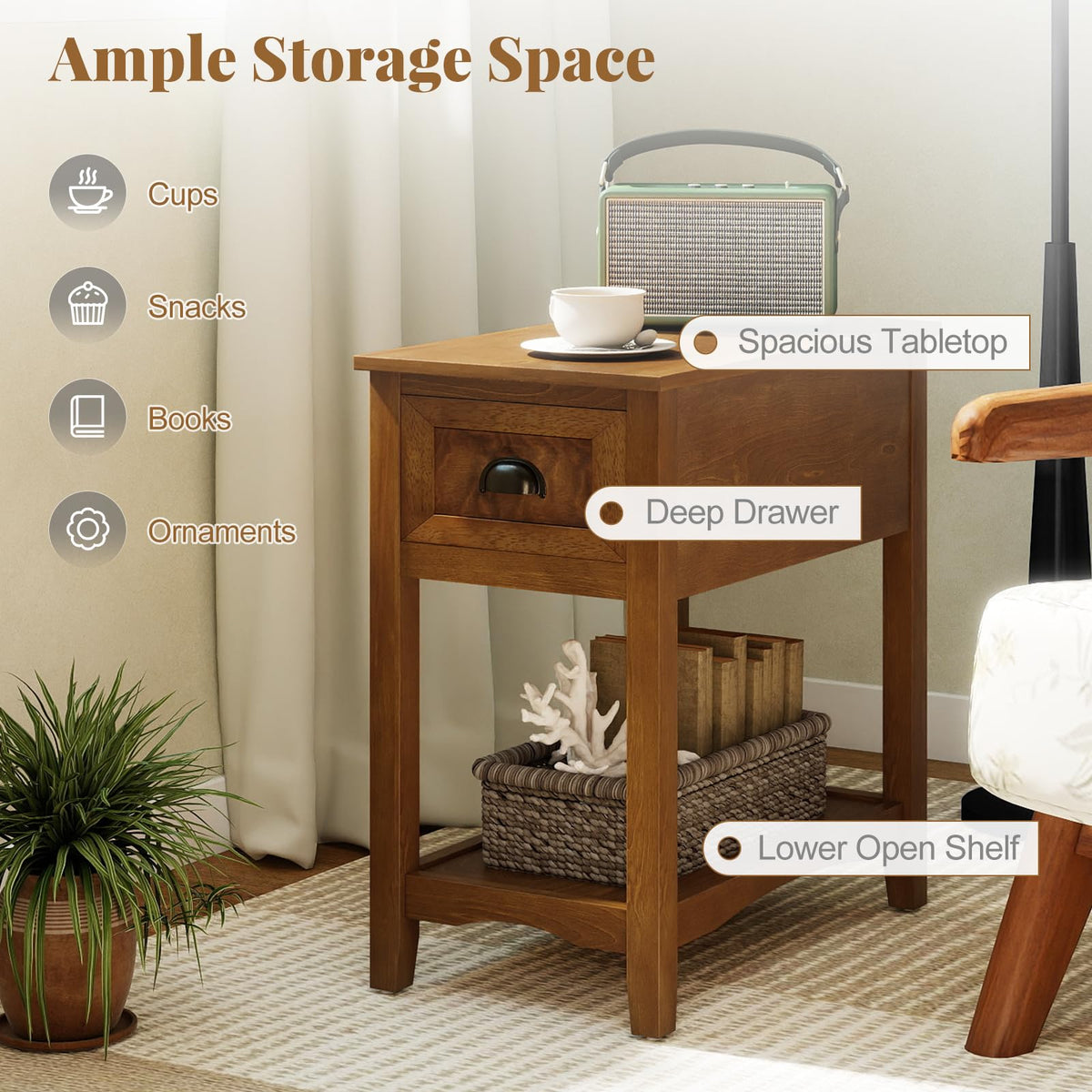 Giantex End Table with Drawer, Retro Narrow Side Table, Nightstand with Solid Wood & Storage Shelf, Bedside Table for Living Room Bedroom Small Space Home Office (1, Tawny)