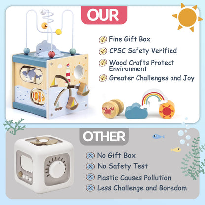 Airlab Wooden Activity Cube Baby Toys for 1 Year Old, 1st Birthday Gifts for Girls and Boys, 12+ Months Montessori Toys with Bead Maze Shape Sorter Educational Sensory Toys for Kids Age 1 2 3