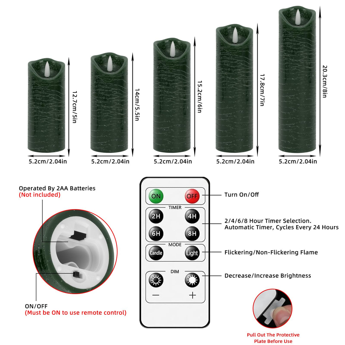 PinnWaa LED Candles with Timer Remote Control, Battery Operate Flameless Real Wax Flickering Wick Candle, Wedding Dinner Holiday Decor Candle, Halloween Christmas Gift LED Candles (5 Pack, Green)