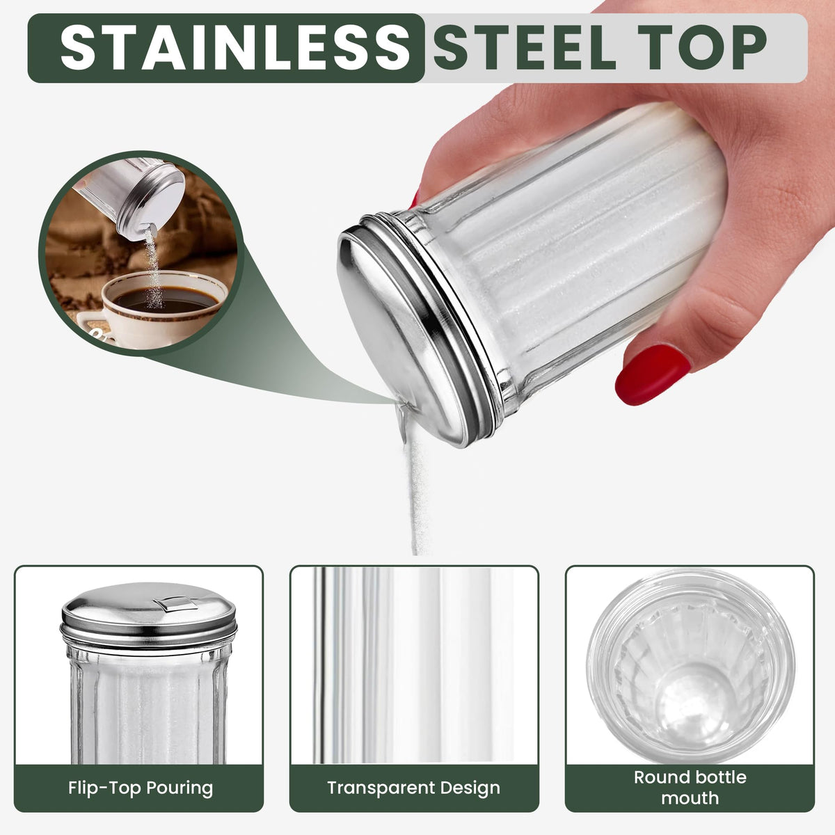 Great Credentials Retro Style Sugar Dispenser Pourer Shaker, Glass Jar with Stainless Steel Flap Lid, 12 oz, Set of 2