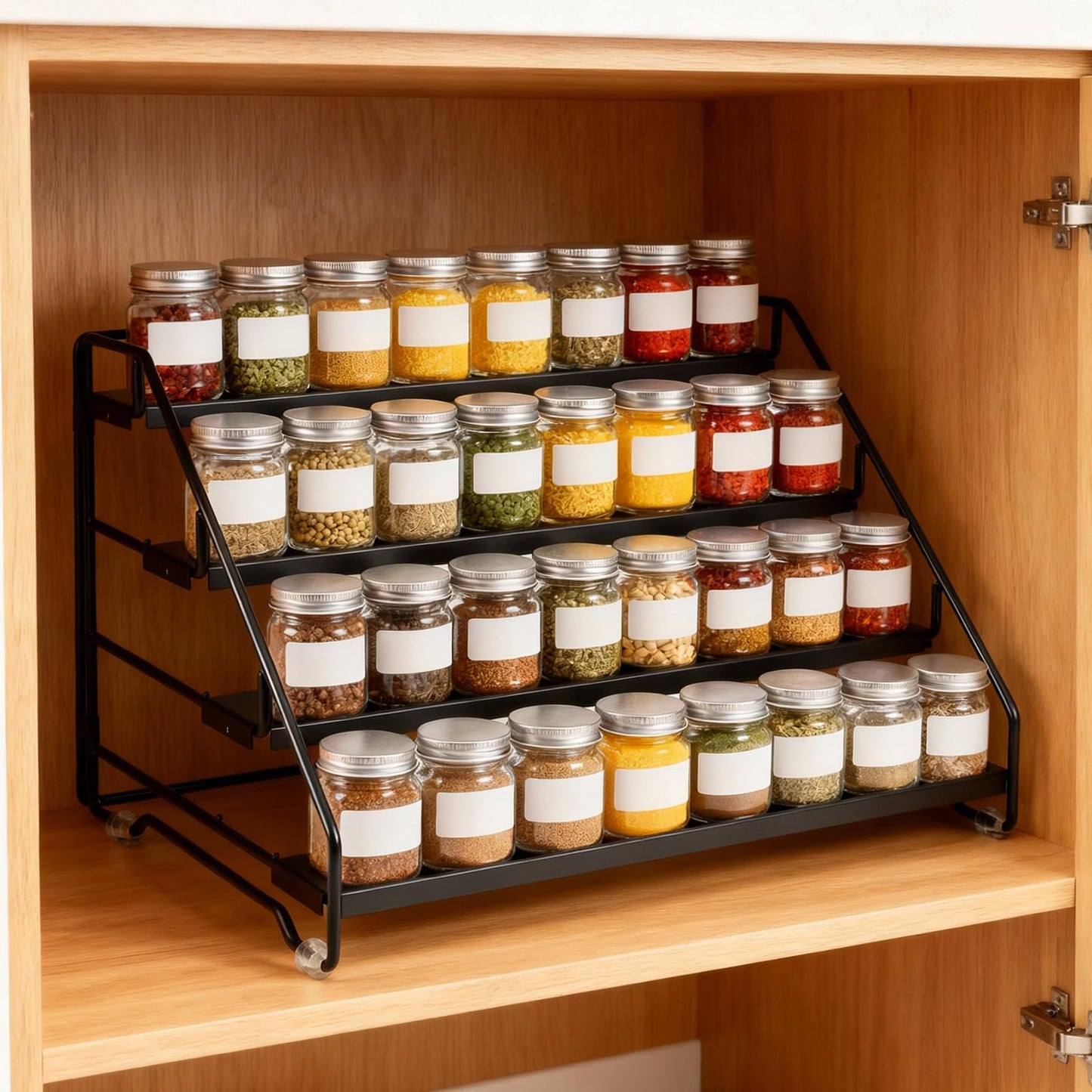 Exclaith 4 Tier Spice Rack for Cabinet, Step Adjustable Spice Shelf, Metal Step Spices Storage Holder with Protection Railing, Seasoning Organizer for Countertop, Cupboard, Pantry