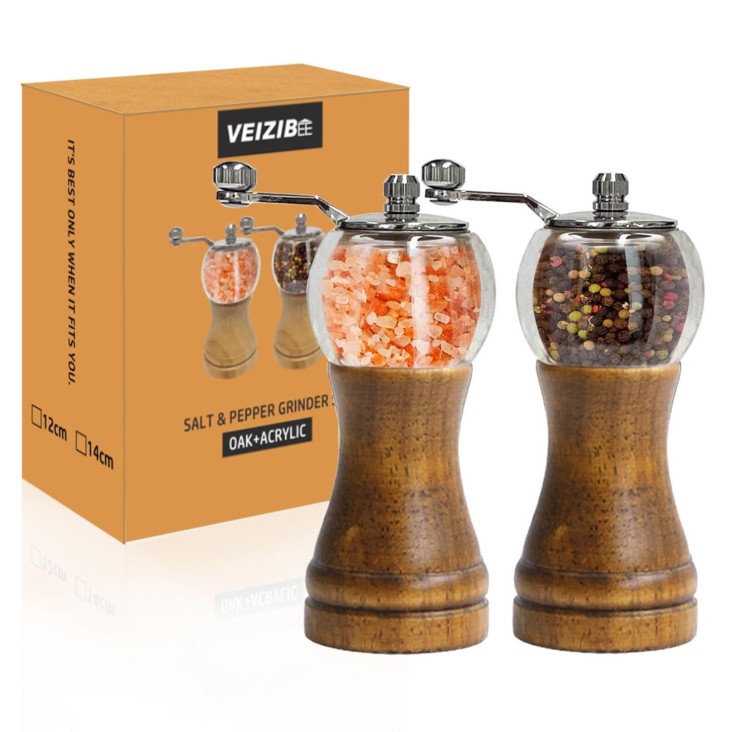 VEIZIBEE Salt and Pepper Grinder Set Manual Pepper Mill Set Classical Hand Shake Wooden Pepper Grinder Salt Mills Ceramic Blades Metal Handle, Enjoy Fresh Ground spices (Walnut color 2pcs-6in)